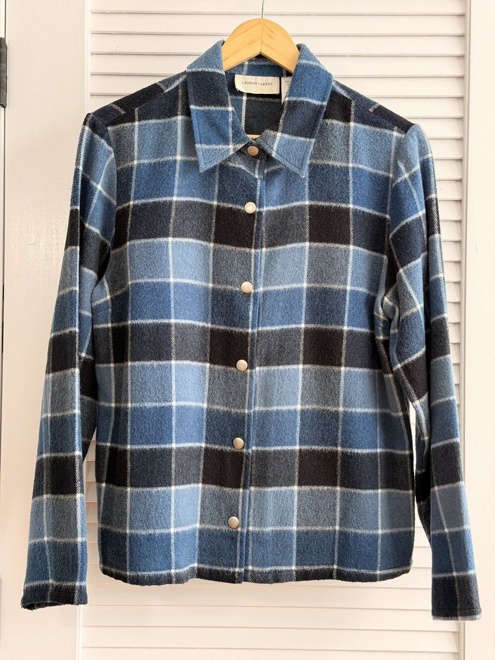 Lemon Grass Blue Black Plaid Wool Blend Shacket Jacket Women’s M Snap Front